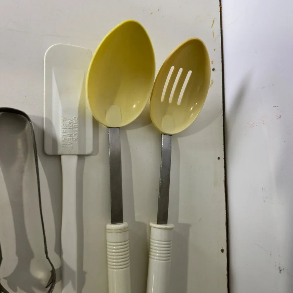 Vintage Kitchen Utensil Set Yellow Serving Spoons Spatula Tongs Stainless Steel